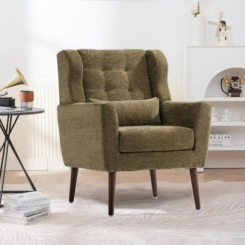 Olive Green 24.21 Button Tufted Arm Chair with Wood Legs