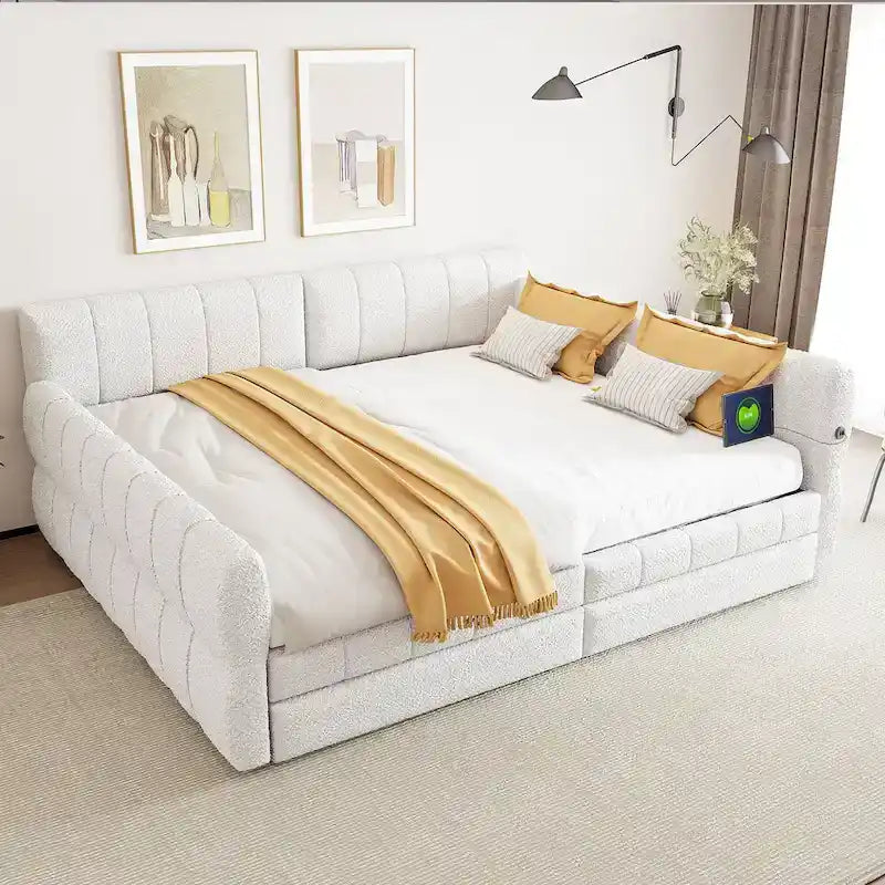Lit plateforme rembourré Queen Size avec port USB et 2 tiroirs, blanc
