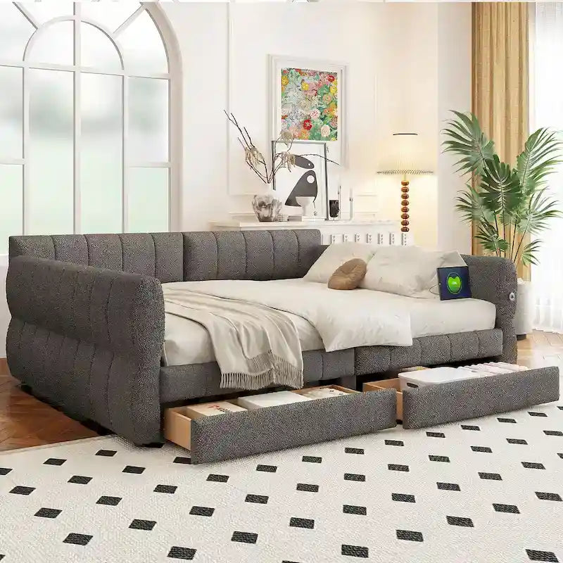 Lit plateforme rembourré Queen Size avec port USB et 2 tiroirs, blanc