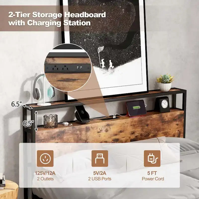 Cadre de lit plateforme industriel double/grand format avec tiroirs de rangement
