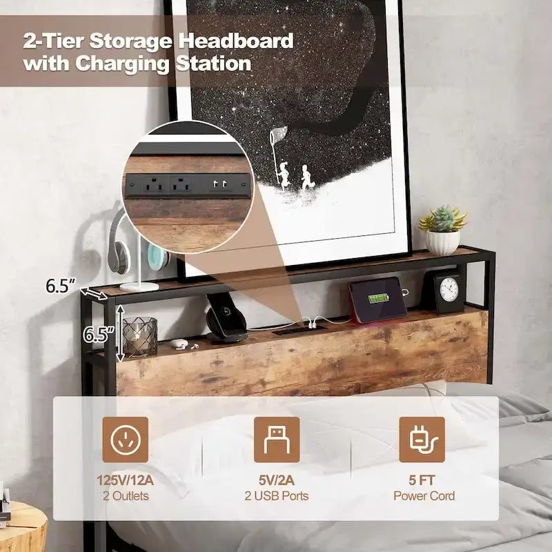 Cadre de lit plateforme industriel double/grand format avec tiroirs de rangement