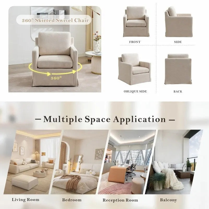 Fauteuil pivotant d'appoint en chenille avec jupe et base en métal