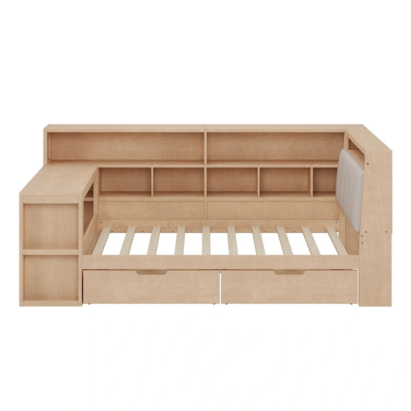 Canapé-lit d'angle en bois en forme de L avec bureau, bibliothèque, lit d'angle avec tiroirs de rangement, tête de lit rembourrée et éclairage intégré