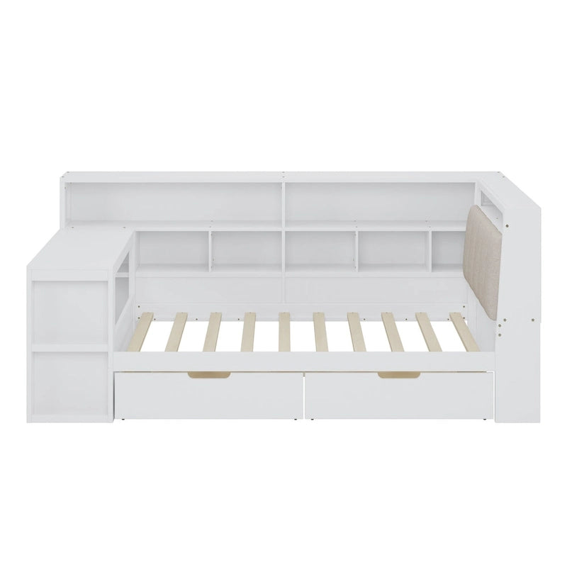 Canapé-lit d'angle en bois en forme de L avec bureau, bibliothèque, lit d'angle avec tiroirs de rangement, tête de lit rembourrée et éclairage intégré