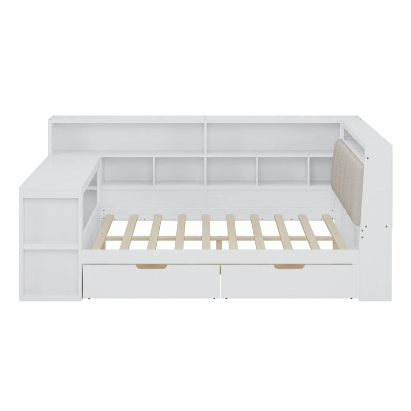 Canapé-lit d'angle en bois en forme de L avec bureau, bibliothèque, lit d'angle avec tiroirs de rangement, tête de lit rembourrée et éclairage intégré
