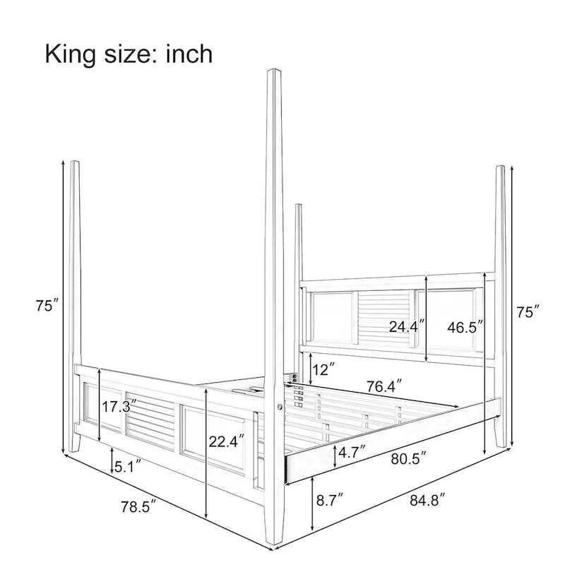 Lit à baldaquin King Size en pin massif, à quatre colonnes, avec cadre de lit à baldaquin traditionnel de 75 po de haut