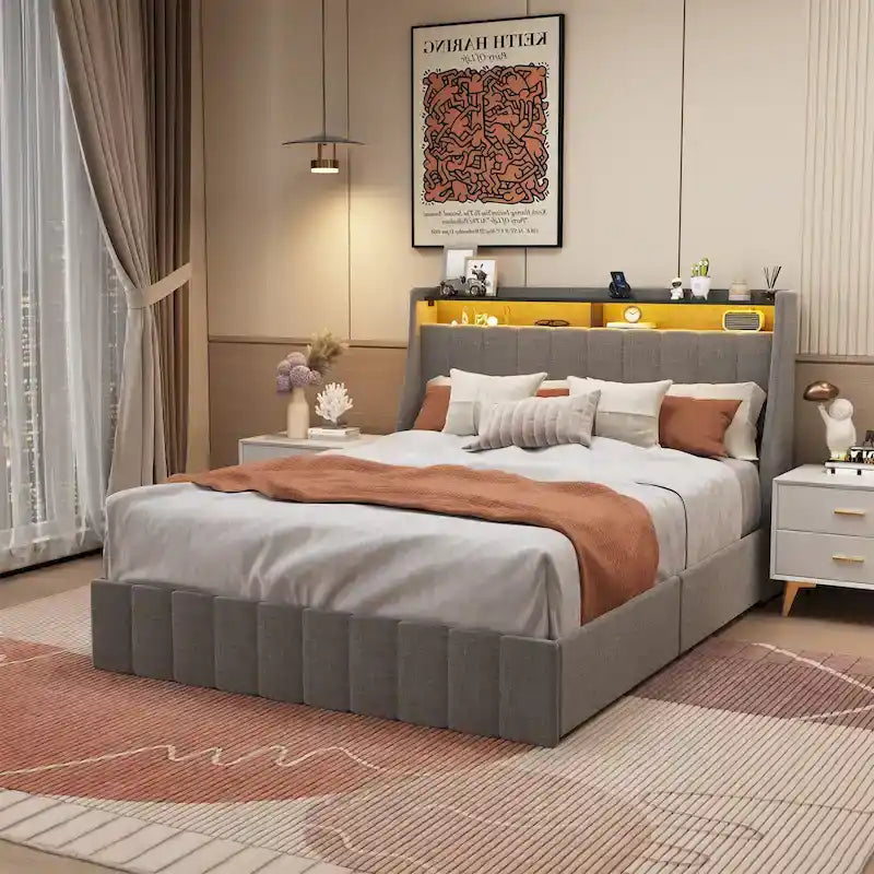 Lit plateforme pleine grandeur gris clair avec lumières DEL et tiroirs de rangement