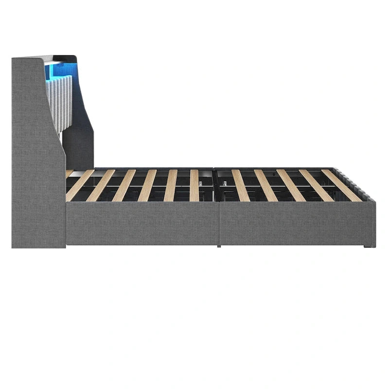 Lit plateforme pleine grandeur gris clair avec lumières DEL et tiroirs de rangement