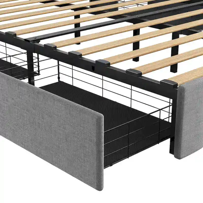 Lit plateforme pleine grandeur gris clair avec lumières DEL et tiroirs de rangement
