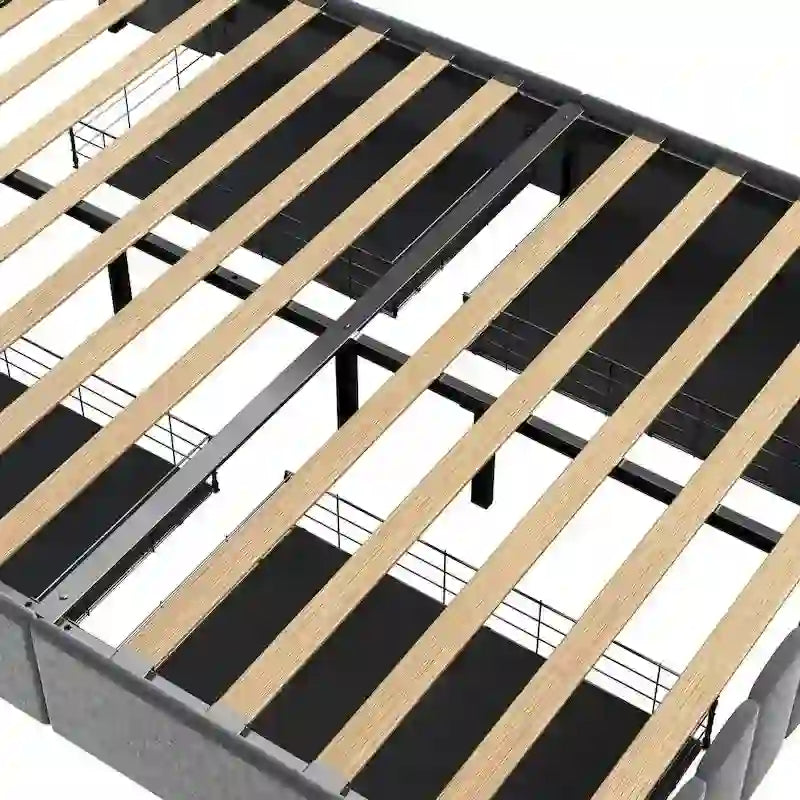 Lit plateforme pleine grandeur gris clair avec lumières DEL et tiroirs de rangement