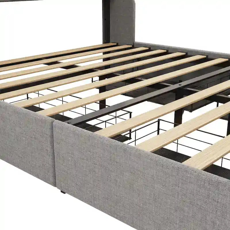 Lit plateforme pleine grandeur gris clair avec lumières DEL et tiroirs de rangement