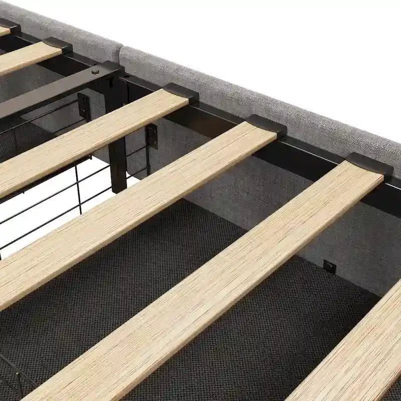 Lit plateforme pleine grandeur gris clair avec lumières DEL et tiroirs de rangement