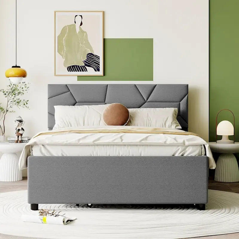 Lit plateforme double rembourré en lin gris avec tête de lit motif brique et lit gigogne - Aucun sommier tapissier requis