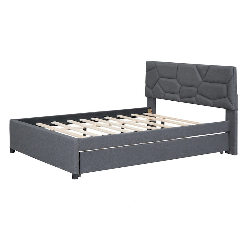 Lit plateforme double rembourré en lin gris avec tête de lit motif brique et lit gigogne - Aucun sommier tapissier requis