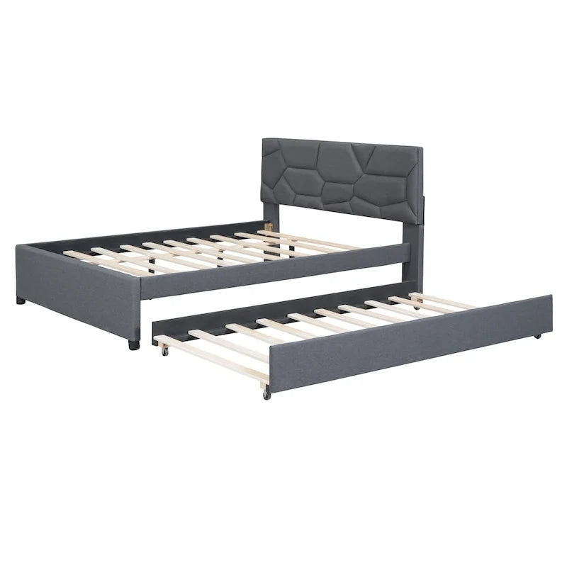 Lit plateforme double rembourré en lin gris avec tête de lit motif brique et lit gigogne - Aucun sommier tapissier requis