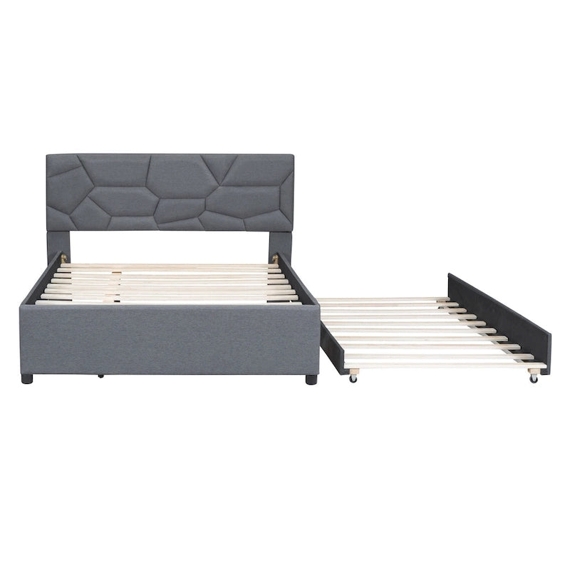 Lit plateforme double rembourré en lin gris avec tête de lit motif brique et lit gigogne - Aucun sommier tapissier requis