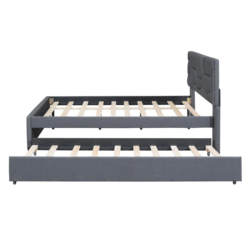 Lit plateforme double rembourré en lin gris avec tête de lit motif brique et lit gigogne - Aucun sommier tapissier requis