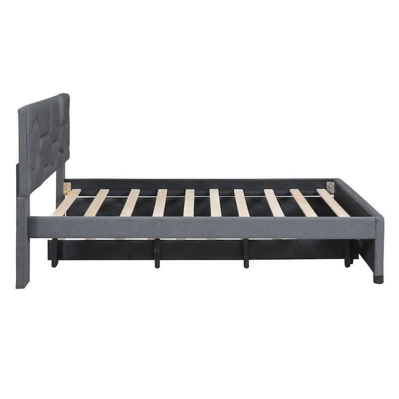 Lit plateforme double rembourré en lin gris avec tête de lit motif brique et lit gigogne - Aucun sommier tapissier requis