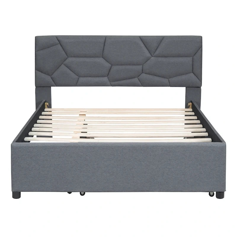 Lit plateforme double rembourré en lin gris avec tête de lit motif brique et lit gigogne - Aucun sommier tapissier requis