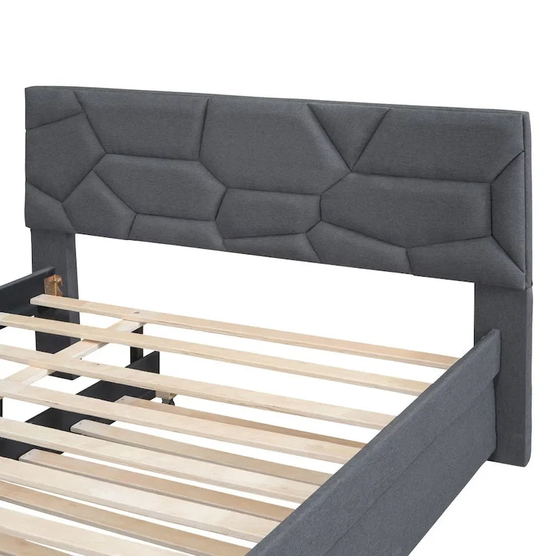Lit plateforme double rembourré en lin gris avec tête de lit motif brique et lit gigogne - Aucun sommier tapissier requis
