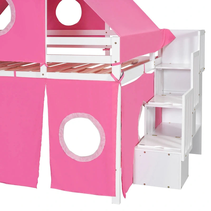 Lit mezzanine complet avec tente et tour de château et cadre en bois massif, capacité de 181 kg, design cabane de jeu