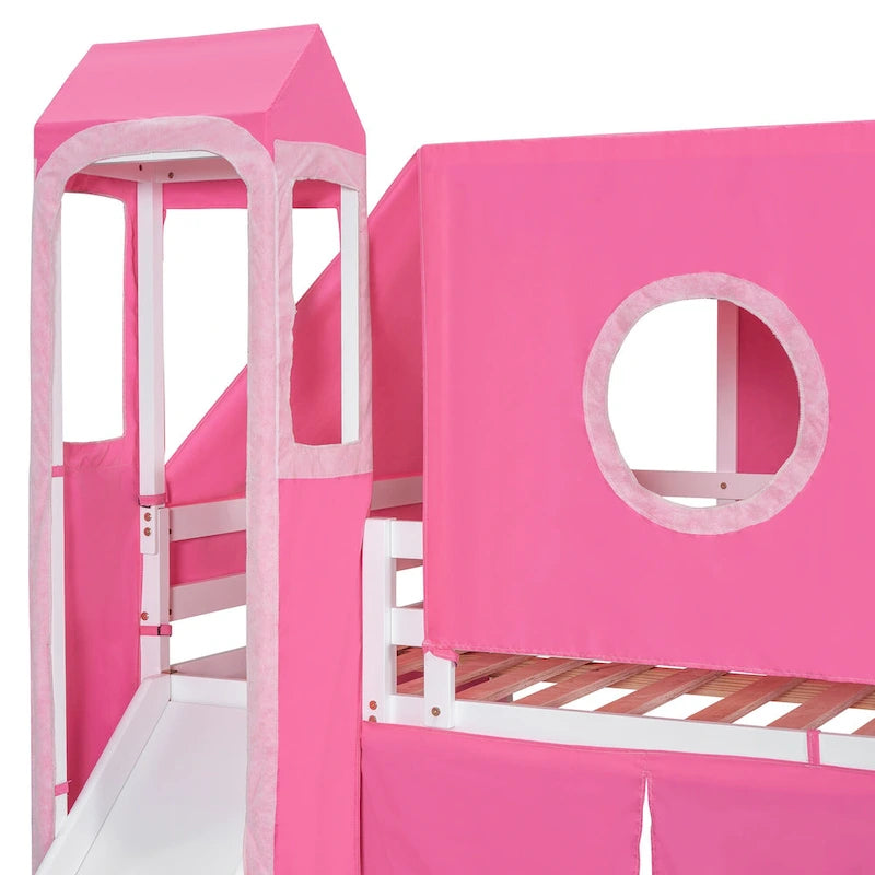 Lit mezzanine complet avec tente et tour de château et cadre en bois massif, capacité de 181 kg, design cabane de jeu
