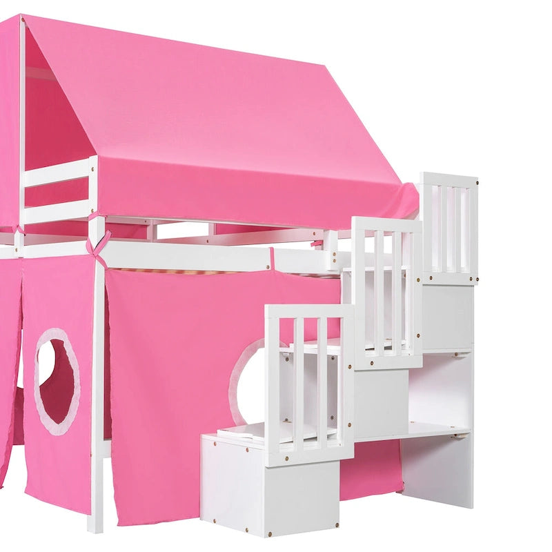 Lit mezzanine complet avec tente et tour de château et cadre en bois massif, capacité de 181 kg, design cabane de jeu