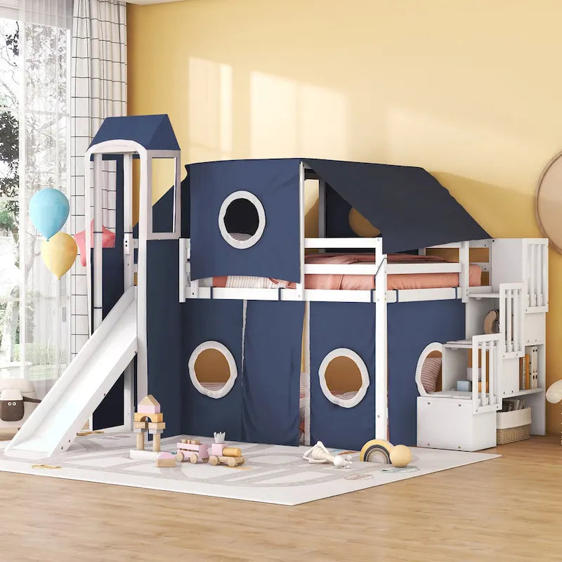 Lit mezzanine complet avec tente et tour de château et cadre en bois massif, capacité de 181 kg, design cabane de jeu