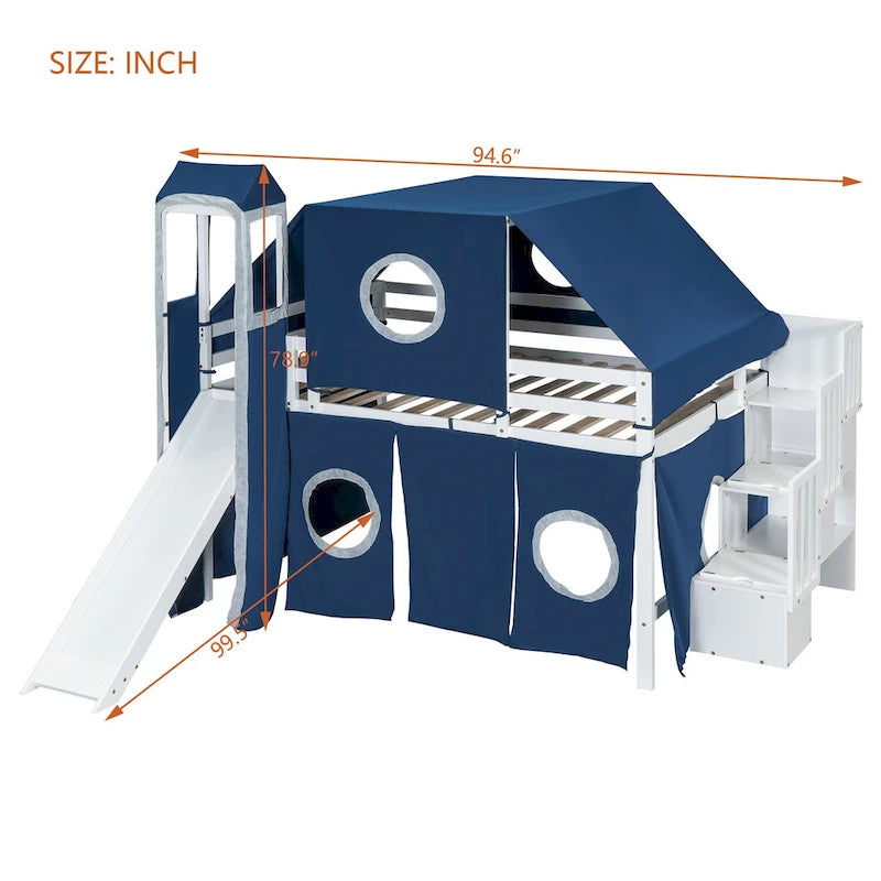 Lit mezzanine complet avec tente et tour de château et cadre en bois massif, capacité de 181 kg, design cabane de jeu