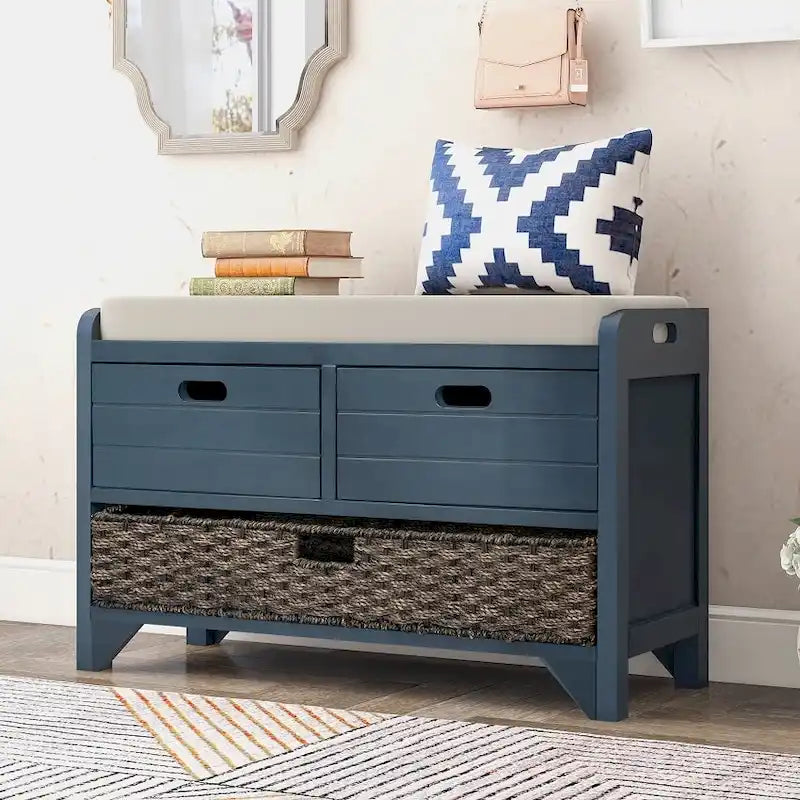 Banc de rangement d'entrée avec panier amovible et 2 tiroirs, avec coussin amovible pour salon