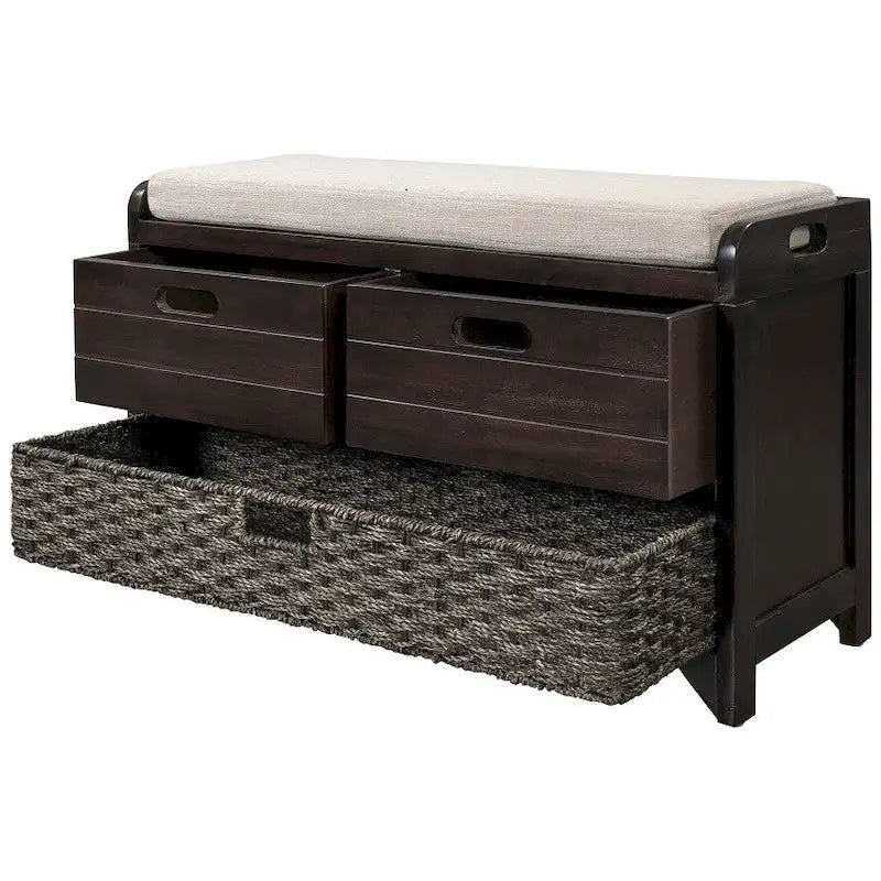 Banc de rangement d'entrée avec panier amovible et 2 tiroirs, avec coussin amovible pour salon