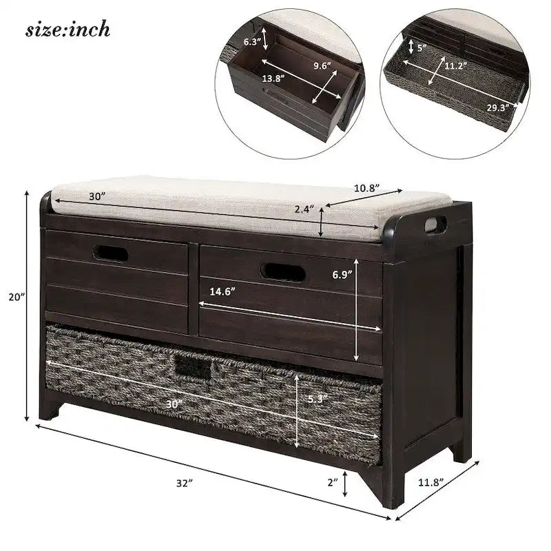 Banc de rangement d'entrée avec panier amovible et 2 tiroirs, avec coussin amovible pour salon