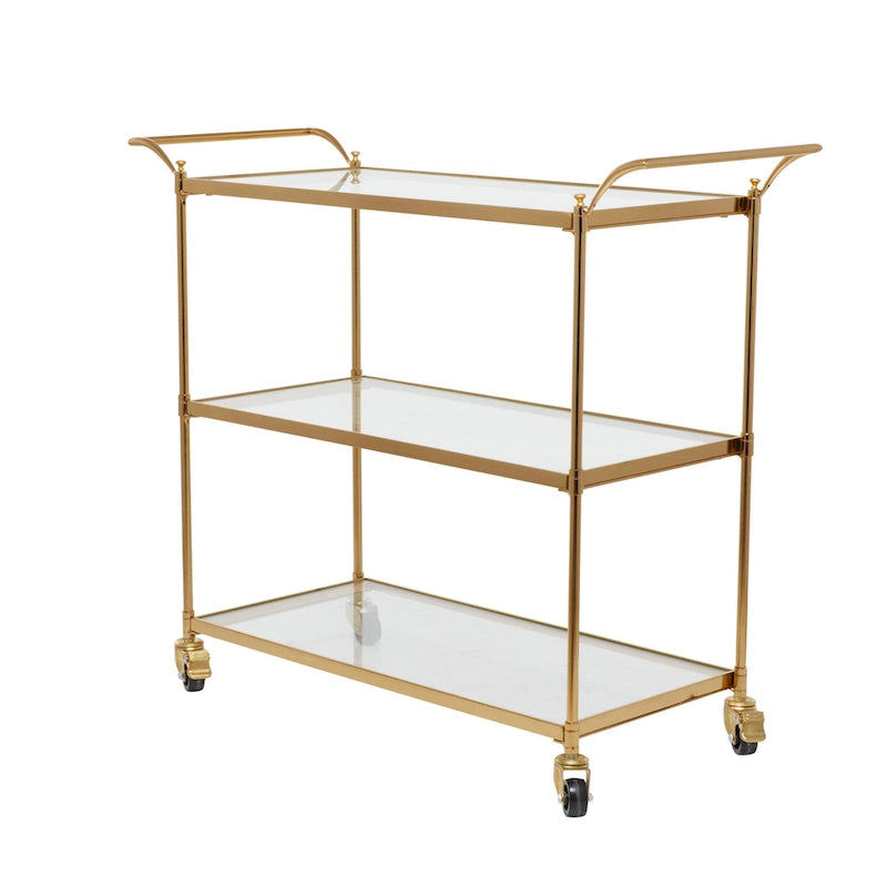 Desserte de bar roulante à 3 étagères en verre avec roulettes verrouillables - Laiton - 35,5 cm (l) x 96,5 cm (L) x 78,7 cm (H)