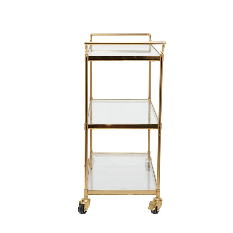 Desserte de bar roulante à 3 étagères en verre avec roulettes verrouillables - Laiton - 35,5 cm (l) x 96,5 cm (L) x 78,7 cm (H)