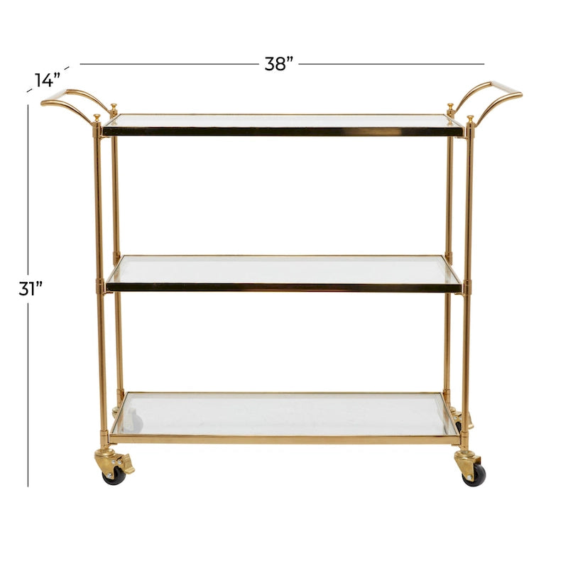 Desserte de bar roulante à 3 étagères en verre avec roulettes verrouillables - Laiton - 35,5 cm (l) x 96,5 cm (L) x 78,7 cm (H)
