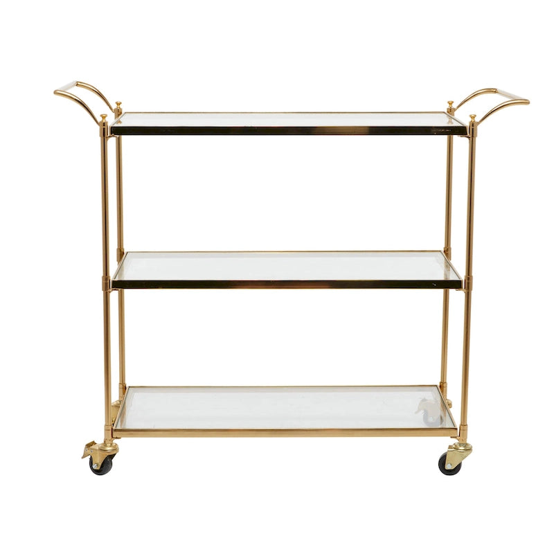 Desserte de bar roulante à 3 étagères en verre avec roulettes verrouillables - Laiton - 35,5 cm (l) x 96,5 cm (L) x 78,7 cm (H)