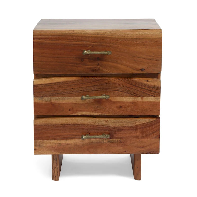 Table de chevet bohème faite à la main en bois d'acacia à 3 tiroirs par