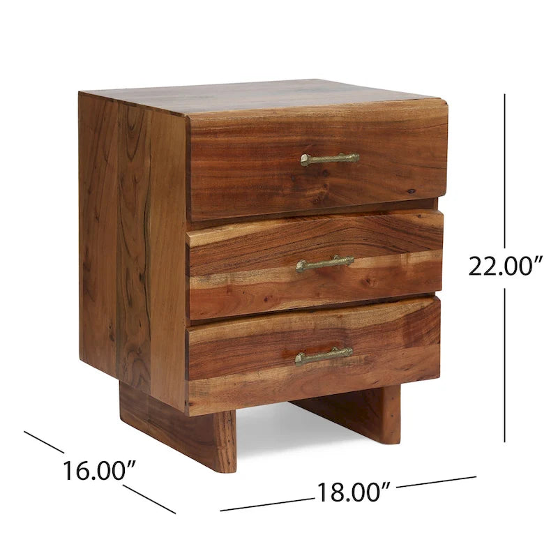 Table de chevet bohème faite à la main en bois d'acacia à 3 tiroirs par
