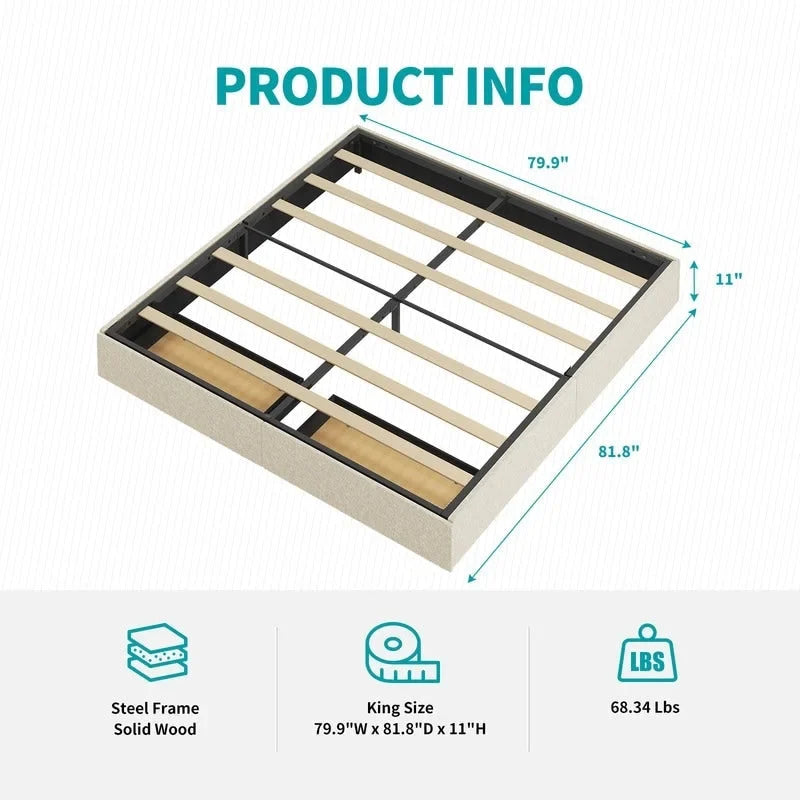 Cadre de lit plateforme rembourré en tissu de lin avec tiroirs de rangement et lattes en bois