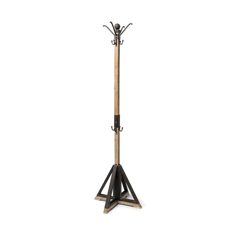 Lamda 22 x 75 Black Metal and Light Brown Wood Coat Rack - 22.0L x 22.0W x 74.5H