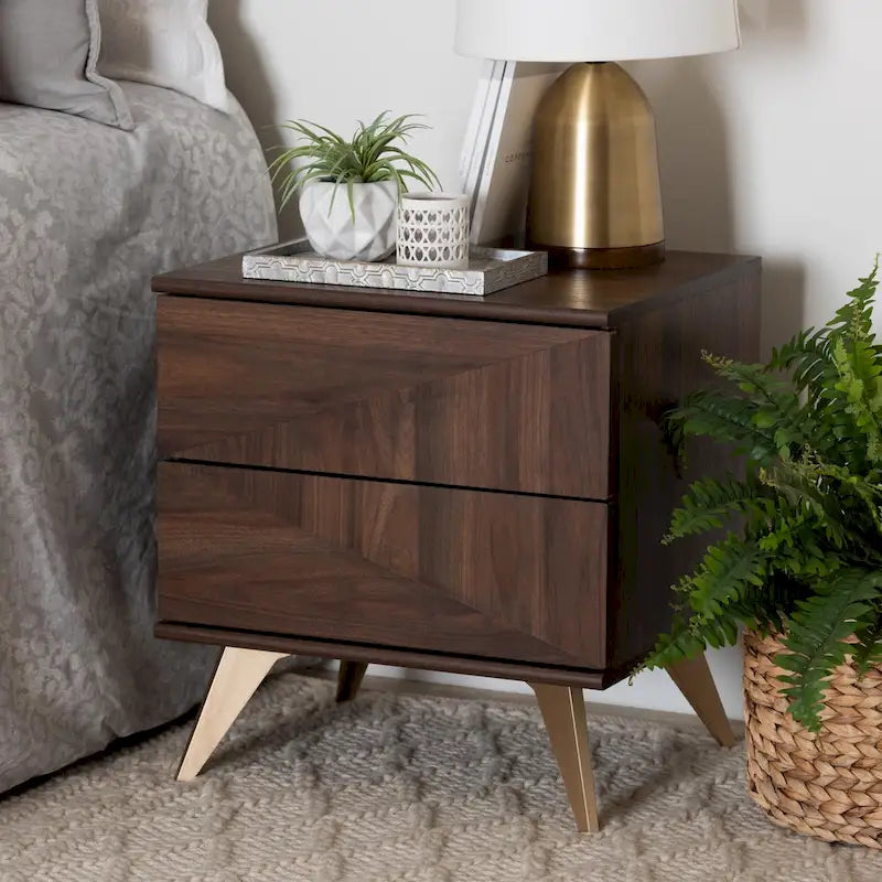 Table de chevet en bois de noyer de style moderne du milieu du siècle avec 2 tiroirs