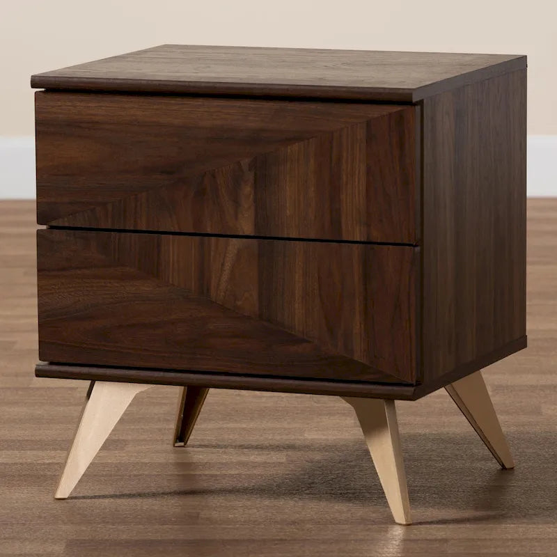 Table de chevet en bois de noyer de style moderne du milieu du siècle avec 2 tiroirs