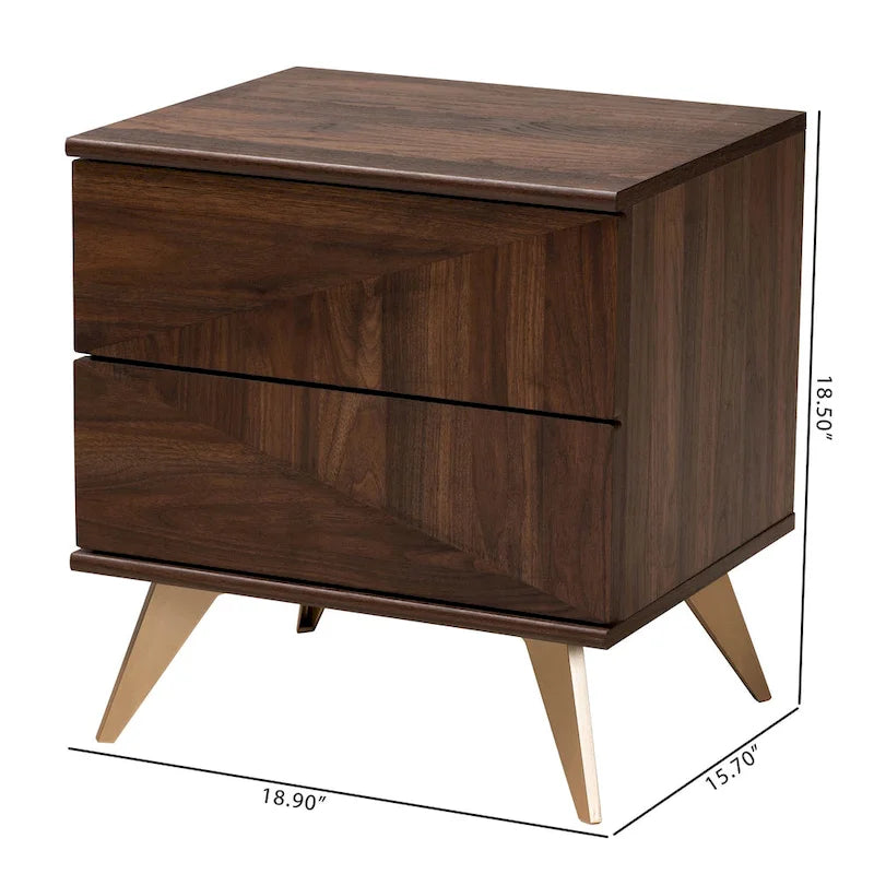 Table de chevet en bois de noyer de style moderne du milieu du siècle avec 2 tiroirs