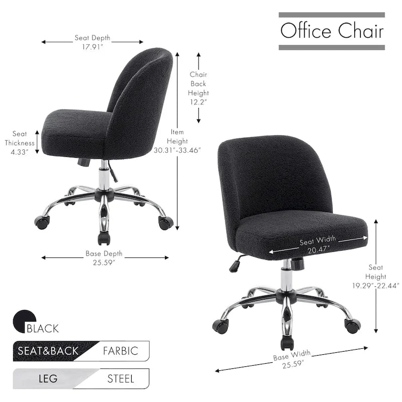 Chaise de bureau sans accoudoirs en tissu Sherpa avec roulettes en acier