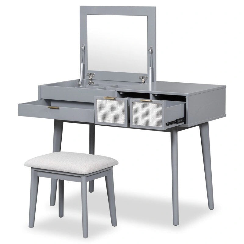 Coiffeuse en bois avec miroir escamotable et tabouret