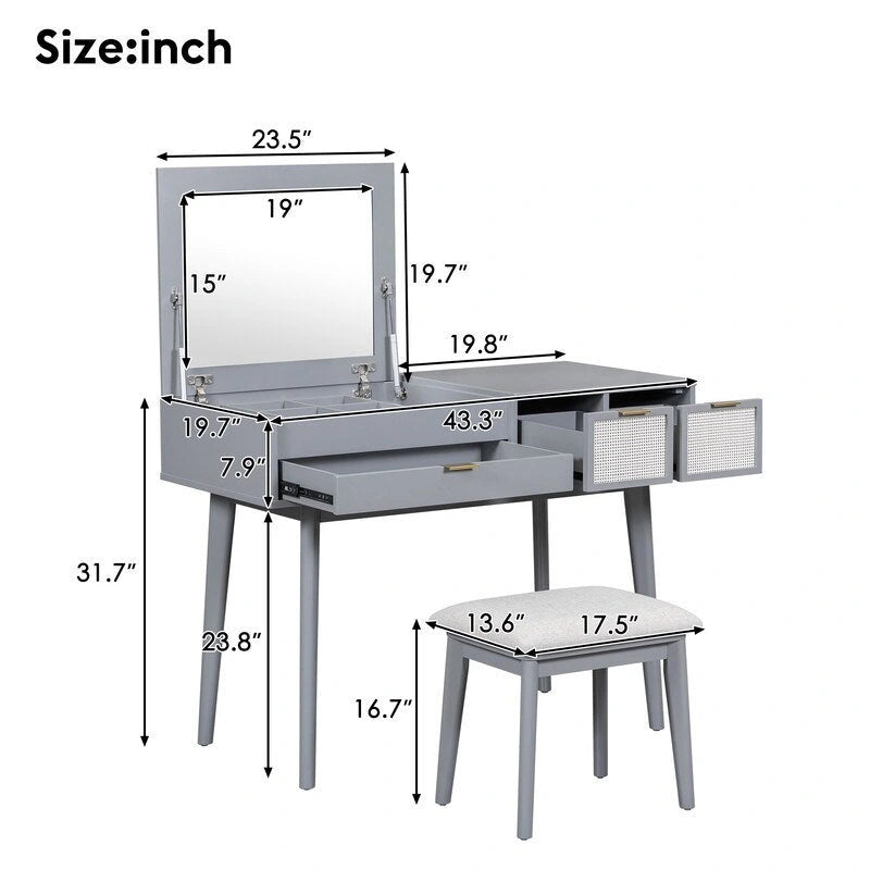 Coiffeuse en bois avec miroir escamotable et tabouret