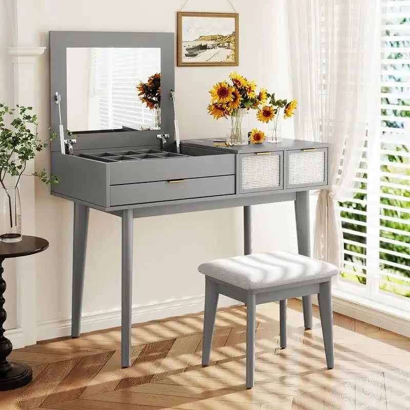 Coiffeuse en bois avec miroir escamotable et tabouret