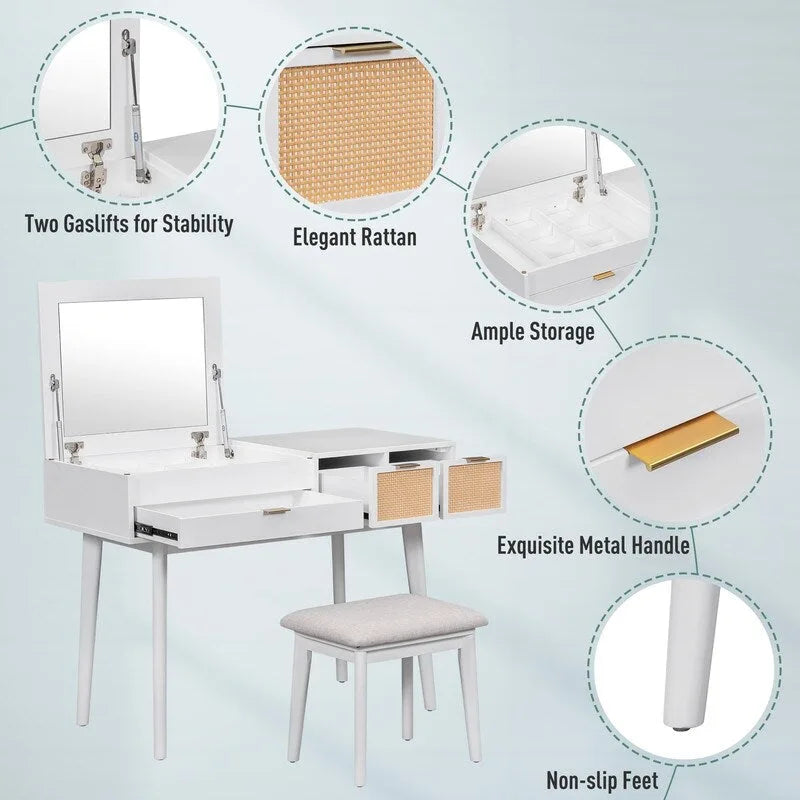Coiffeuse en bois avec miroir escamotable et tabouret