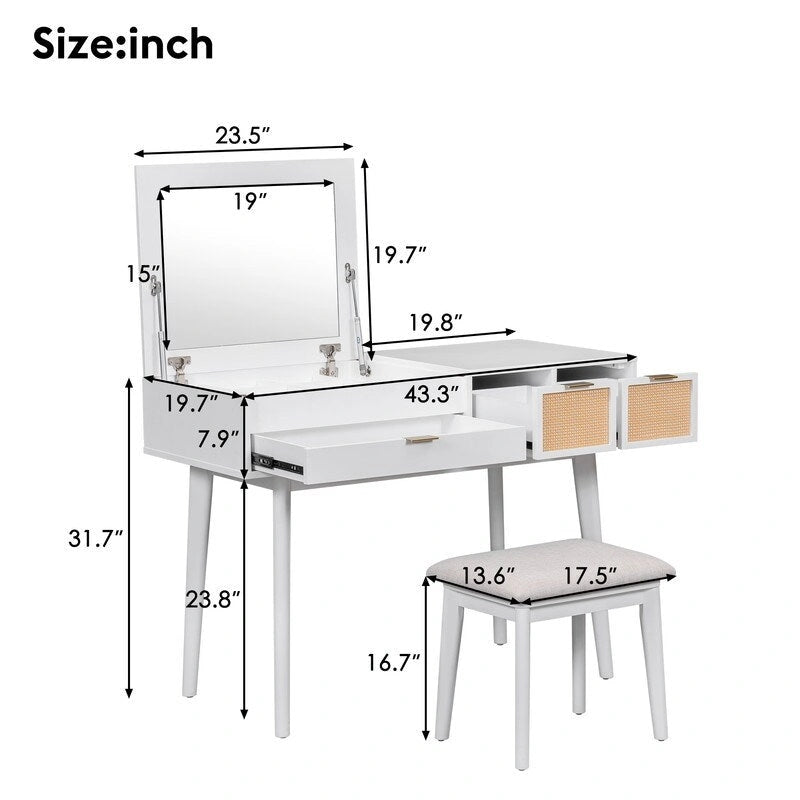 Coiffeuse en bois avec miroir escamotable et tabouret