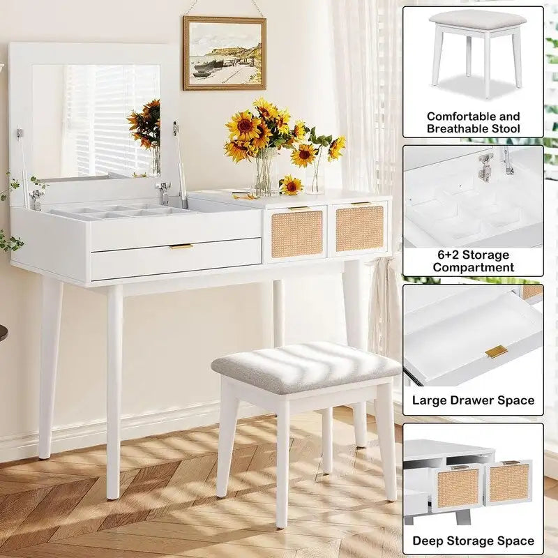 Coiffeuse en bois avec miroir escamotable et tabouret